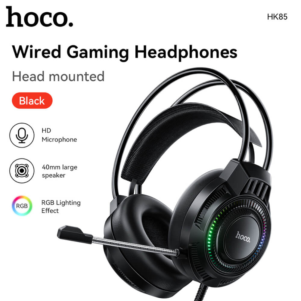 หูฟังเกมมิ่ง HOCO HK85 ดอกลำโพง 40MM ไมโครโฟน HD ถอดออกได้ แต่งไฟ RGB สายแจ็ค USB ยาว 2 เมตร